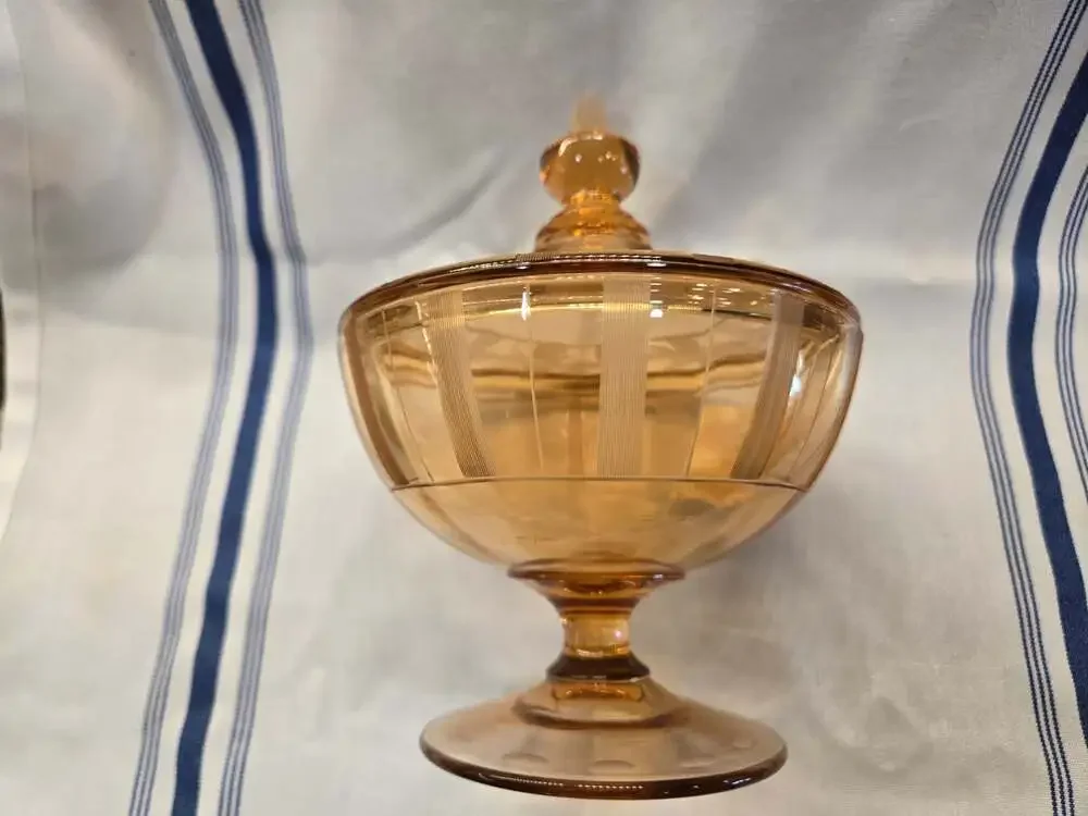 Fenton Grecian Gold Etched Glass Covered Pedestal Candy Dish
